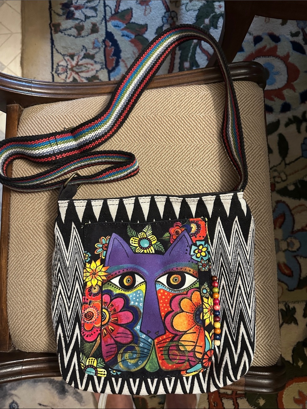Laurel Burch Purple Cat Crossbody with Multicolor Strap and Floral Accents